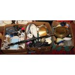 Three boxes of miscellaneous to include bed pan, cutglass decanter, cased knives, silver plate etc.