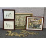 A collection of prints and wall ornaments to include coal mining, horse, brass dragon, framed