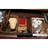 Three boxes of miscellaneous to include metalwares, prints, Wedgwood, cut glass decanter etc.