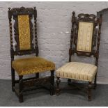 A carved oak upholstered baronial style dining chair, along with similar mahogany nursing chair.