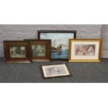 A quantity of framed prints and pictures including horse racing themed interior scenes, oil on
