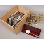 A box of metalwares mainly flatwares to include Elkington, mother of pearl handle examples etc.