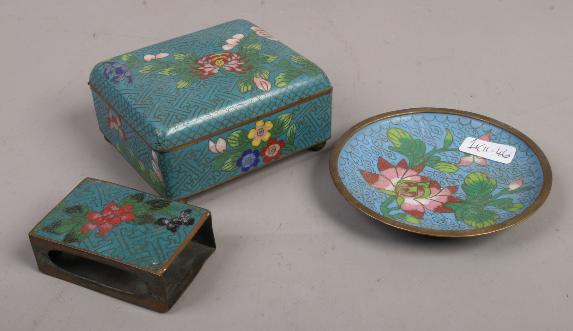 Three pieces of blue cloisonne including trinket box, match box holder and dish.