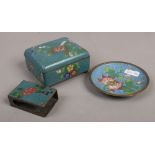 Three pieces of blue cloisonne including trinket box, match box holder and dish.