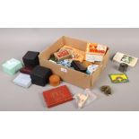 A box of miscellaneous including; playing cards, Coalport miniatures, games and Observer book of