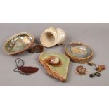 A tin of geology specimens and shells to include agate ashtray etc.