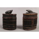 Two early 20th century Chinese bamboo cages, one surmounted with a carved crayfish finial the