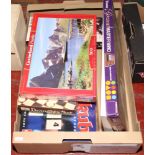 A box of vintage board games to include World Mastermind, Rummikub, Draughts etc.