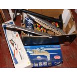 Box of partially complete flying Balsa models, two air powered cars and one water oblique rocket.