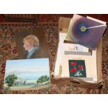 A box of unframed art work, oils, watercolours and pen and ink works.