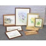 A collection of framed watercolours to include Vera Bailey still life flowers, Harrold Hudson lake