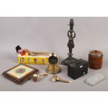 A group of collectables including a boxed Pelham puppet, an oak tea caddy, an early 20th century