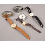 A box of watches to include automatic Delvina expanding wristwatch, manual Smiths wristwatch,