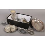 A box of metalwares to include WMF tray, silver plate goblet, toast rack etc.