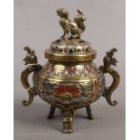 A decorative brass Japanese koro with cloisonne decoration dog of fo terminal and twin dragon