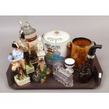 A tray of collectable ceramics to include Arthur Wood coaching and hunting tankard, Japanese biscuit