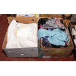 Two boxes of mixed lace and linen, along with a quantity of ladies scarves.