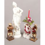 A plaster cast Nao classical figurine, along with a continental figural candlestick, pair of