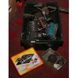 A box of vintage blow lamp screw drivers and two halogen flood lamps etc.