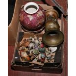 A box of miscellaneous including coloured bisque figures, decorative Chinese vase and bowl and an