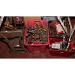 Three boxes of hand tools, vintage boxed paint sprayer etc, along with a garden kneeling aid.