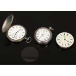 An Omega gun metal full Hunter pocket watch along with a silver fob watch and a pocket watch