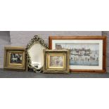 A large pine framed L. S. Lowry print, along with two gilt framed oilographs and an ornate gilt