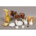 A quantity of collectables including a Melbaware pottery model of a shirehorse, Sylvac bowl,