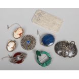 A collection of silver jewellery to include blue hardstone tablet brooch, cameo brooch,