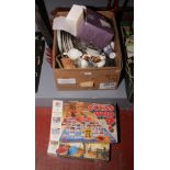 A box of miscellaneous ceramics and glass along with a Sonic jewellery cleaner, buckaroo and Guess