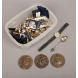 A box of costume jewellery to include wristwatches, rings, chains etc.