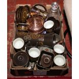 A box of miscellaneous including Denby teawares, copper kettle, cut crystal decanter, pewter etc.