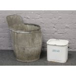 A vintage galvanised rub- a- tub wash tub, along with a white enamel bread bin.