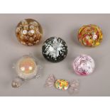 A quantity of glass paperweights including colour examples, along with a Murano style model of a