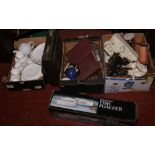 Three boxes of miscellaneous to include electric Smith Corona typewriter, boxed light fittings,