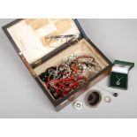 A Victorian mahogany workbox and oddments of costume jewellery including Scottish toucan silver