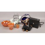 A group lot to include carnival glass coffee set on stand, cased binoculars etc.