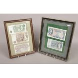 Two frames of English bank notes to include five pounds, ten shillings etc.