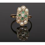 A 9ct gold Art Deco emerald pearl and diamond panel ring. Size R.