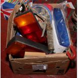 A box of miscellaneous automobile and cycle parts along with a dummy alarm box , Dirt Devil vacuum