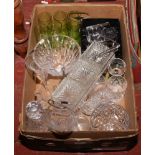 A box of cut and crystal glass to include boxed Caledonia tumblers, cut glass decanter, bowl,