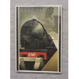 A 1982 framed locomotive art poster, after Pierre Felix Masseau 1932 original entitled Exactitude.