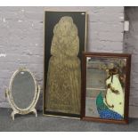 A large framed brass rubbing of a maiden along with a decorative mirror and an ornate dressing table