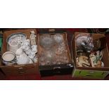 Three boxes of miscellaneous including various glass drinking vessels, crystal bowls, Metamec mantle