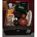 A box of miscellaneous including boxed Kodak Instamatic camera, Poole, Delft, boxed Stuart Crystal
