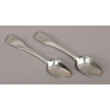 Two George III silver dessert spoons by John Power, assayed Dublin 1804, total weight 52.9 grams.