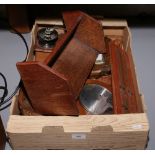A box of wooden items including an oak book trough, barometers, coffee grinder, billiards scoreboard
