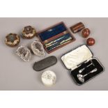 A box of collectables including an early 20th century mahogany cased drawing set, a mineral geode, a