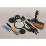 A quantity of ebonised dressing table items including brushes, along with a boxed commemorative