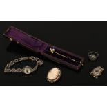 A mixed lot of jewellery including cased stick pin, two ladies watches including marcasite
